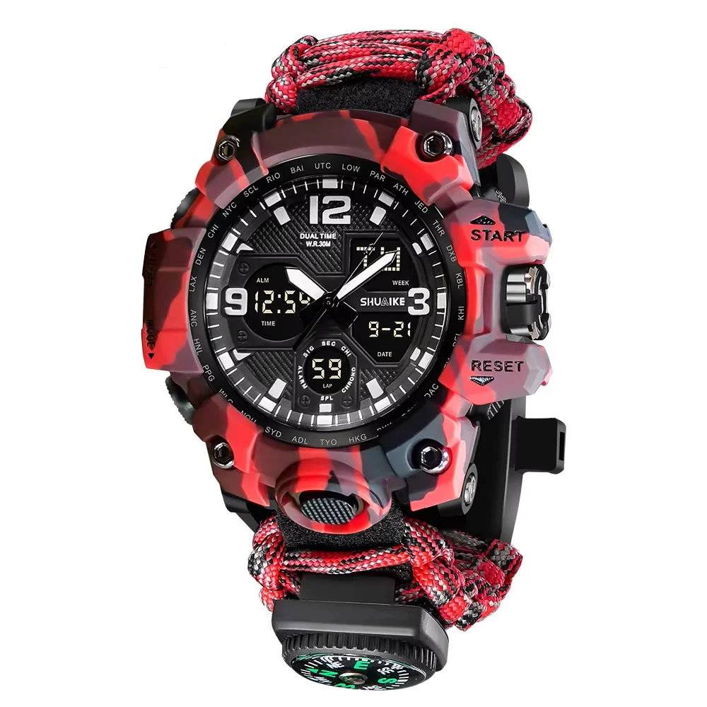 Multi-Function Outdoor Survival Kit Double Display Watch Whistle Compass SOS Flashlight Fire Starter for Men Wholesale