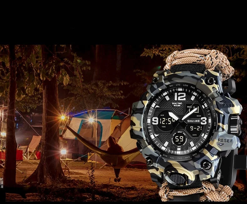Multi-Function Outdoor Survival Kit Double Display Watch Whistle Compass SOS Flashlight Fire Starter for Men Wholesale