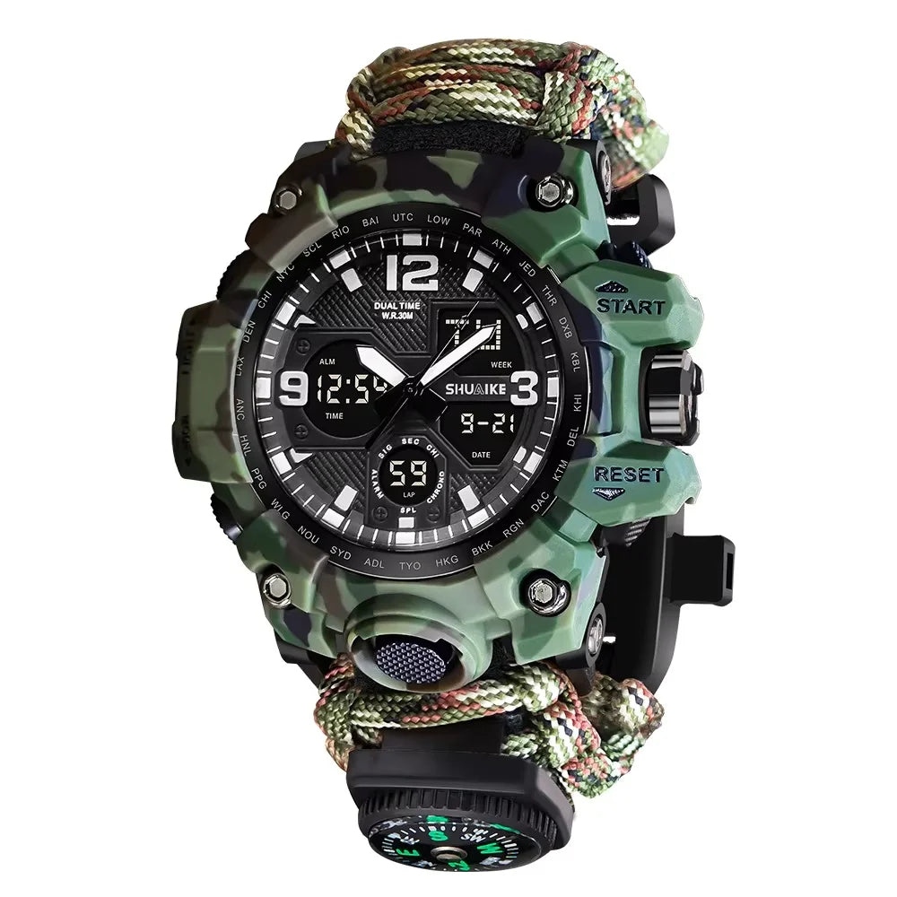Multi-Function Outdoor Survival Kit Double Display Watch Whistle Compass SOS Flashlight Fire Starter for Men Wholesale