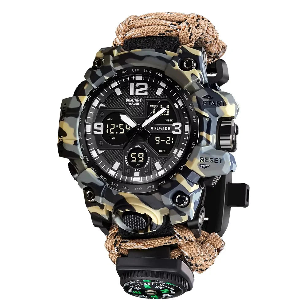 Multi-Function Outdoor Survival Kit Double Display Watch Whistle Compass SOS Flashlight Fire Starter for Men Wholesale