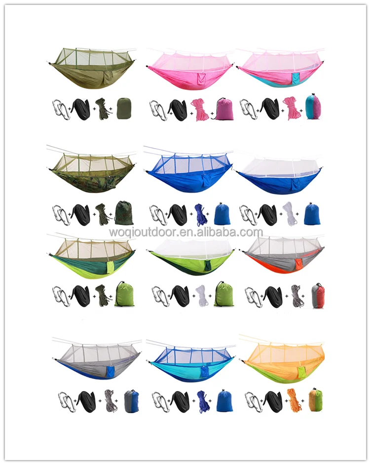 WOQI Wholesale  Outdoor Nylon  Portable Camping Hammock with Mosquito Net  Swings Strap Hook Double Hammock