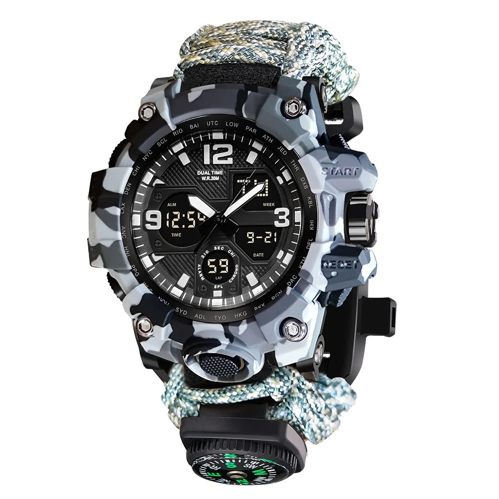 Multi-Function Outdoor Survival Kit Double Display Watch Whistle Compass SOS Flashlight Fire Starter for Men Wholesale