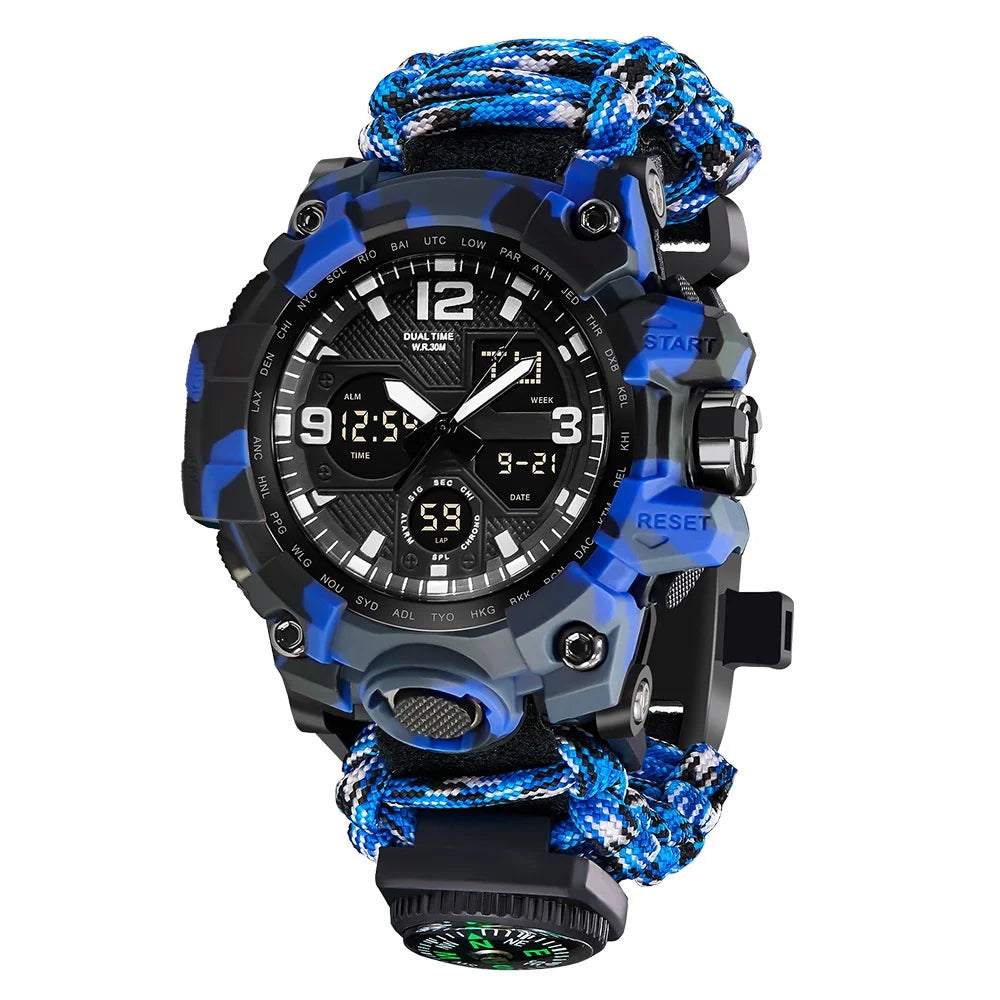 Multi-Function Outdoor Survival Kit Double Display Watch Whistle Compass SOS Flashlight Fire Starter for Men Wholesale