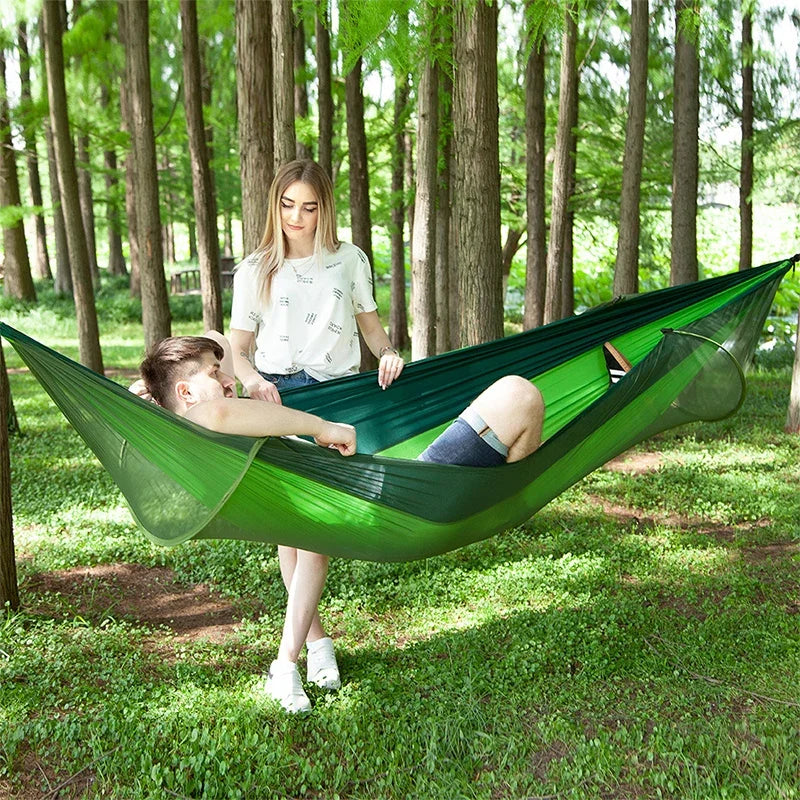 Portable Double Nylon Camping Hammock with Easy Hanging Mosquito Net for Outdoor Use