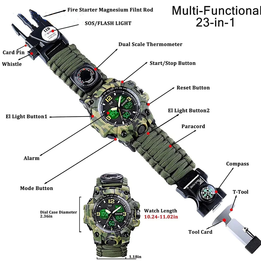 Multi-Function Outdoor Survival Kit Double Display Watch Whistle Compass SOS Flashlight Fire Starter for Men Wholesale