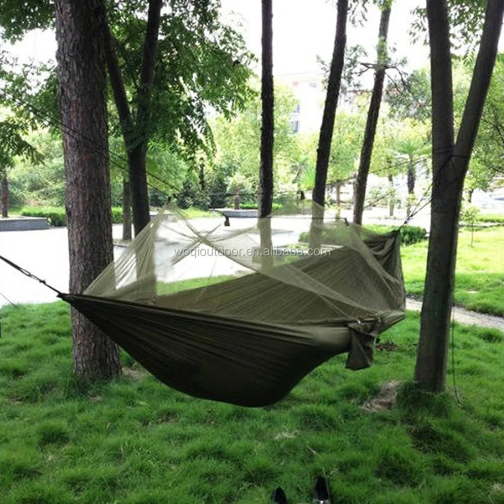 WOQI Wholesale  Outdoor Nylon  Portable Camping Hammock with Mosquito Net  Swings Strap Hook Double Hammock