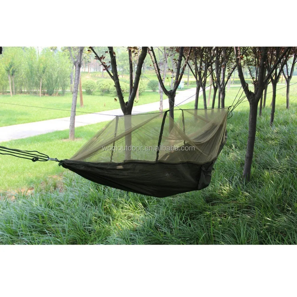 WOQI Wholesale  Outdoor Nylon  Portable Camping Hammock with Mosquito Net  Swings Strap Hook Double Hammock