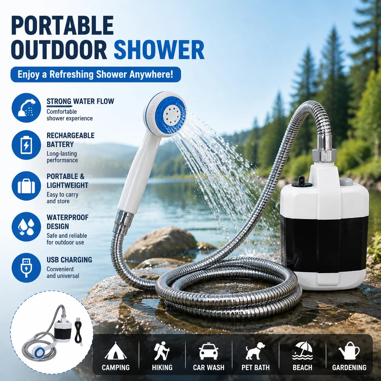 Portable Camping Shower USB Rechargeable Electric Pump Shower Head Outdoor Travel Car Washing Pet Cleaning Bathing Device