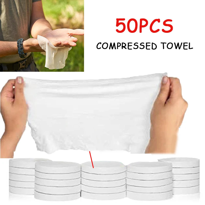 50pcs Camping Disposable Compressed Towel Travel Hotel Portable Face Wash Towel Absorbent Towel Tactical Camping Supplies