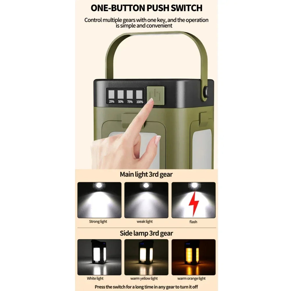 Solar Camping Light，USB/Solar Recharge Portable Lamp with 2000mAh Battery 6 Lighting Modes Outdoor Portable Hanging Tent Light