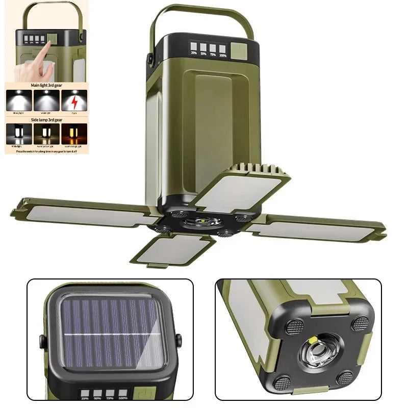 Solar Camping Light，USB/Solar Recharge Portable Lamp with 2000mAh Battery 6 Lighting Modes Outdoor Portable Hanging Tent Light