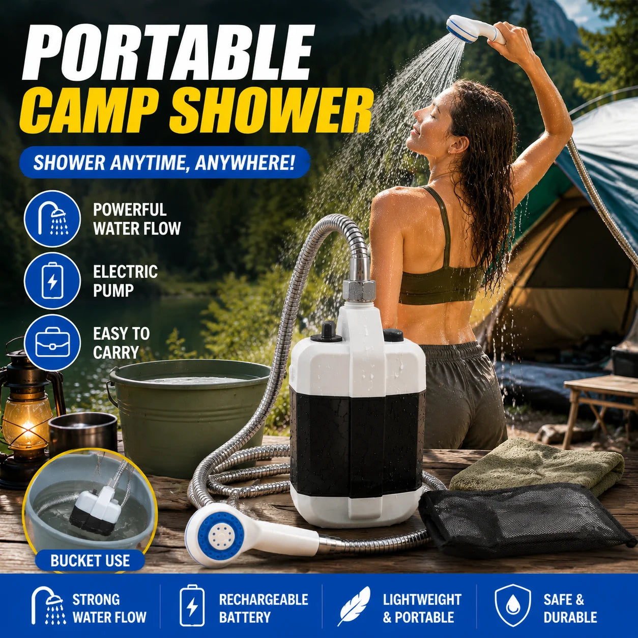Outdoor Camp Shower Kit USB Rechargeable Electric Shower Portable Lightweight Design For Camping Travel Pet Car Washing Use