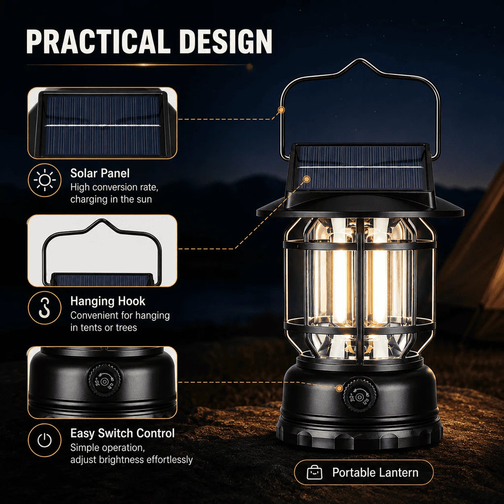 Solar USB Camping Lantern Ultra-Bright LED 360° Hangingcamping Light Portable Design for Tent Hiking Emergencies Function Lamps