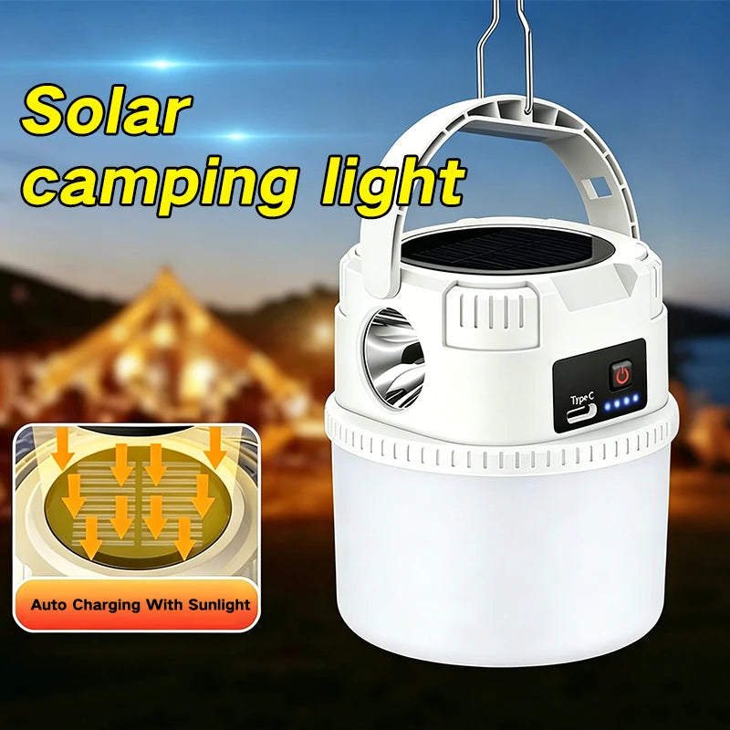 Solar-powered camping charger for outdoor use with ultra-long battery life, night market lighting, and stall tent