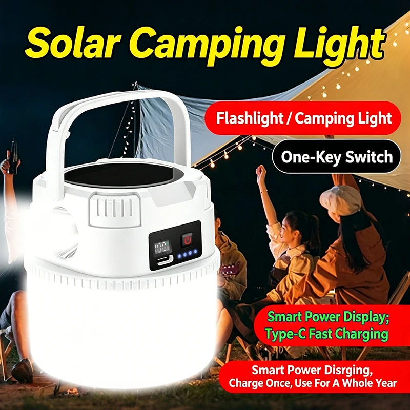 Solar-powered camping charger for outdoor use with ultra-long battery life, night market lighting, and stall tent