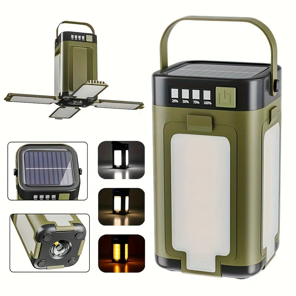 Solar Camping Light，USB/Solar Recharge Portable Lamp with 2000mAh Battery 6 Lighting Modes Outdoor Portable Hanging Tent Light