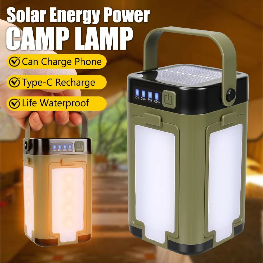 Solar Camping Light，USB/Solar Recharge Portable Lamp with 2000mAh Battery 6 Lighting Modes Outdoor Portable Hanging Tent Light