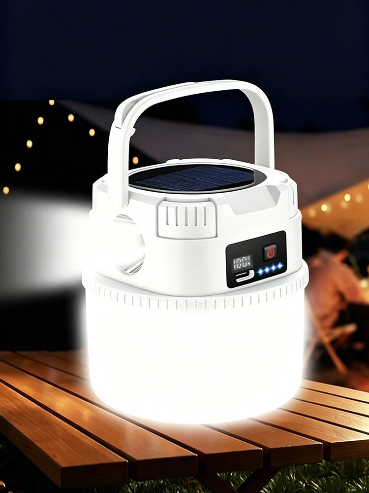 Solar-powered camping charger for outdoor use with ultra-long battery life, night market lighting, and stall tent
