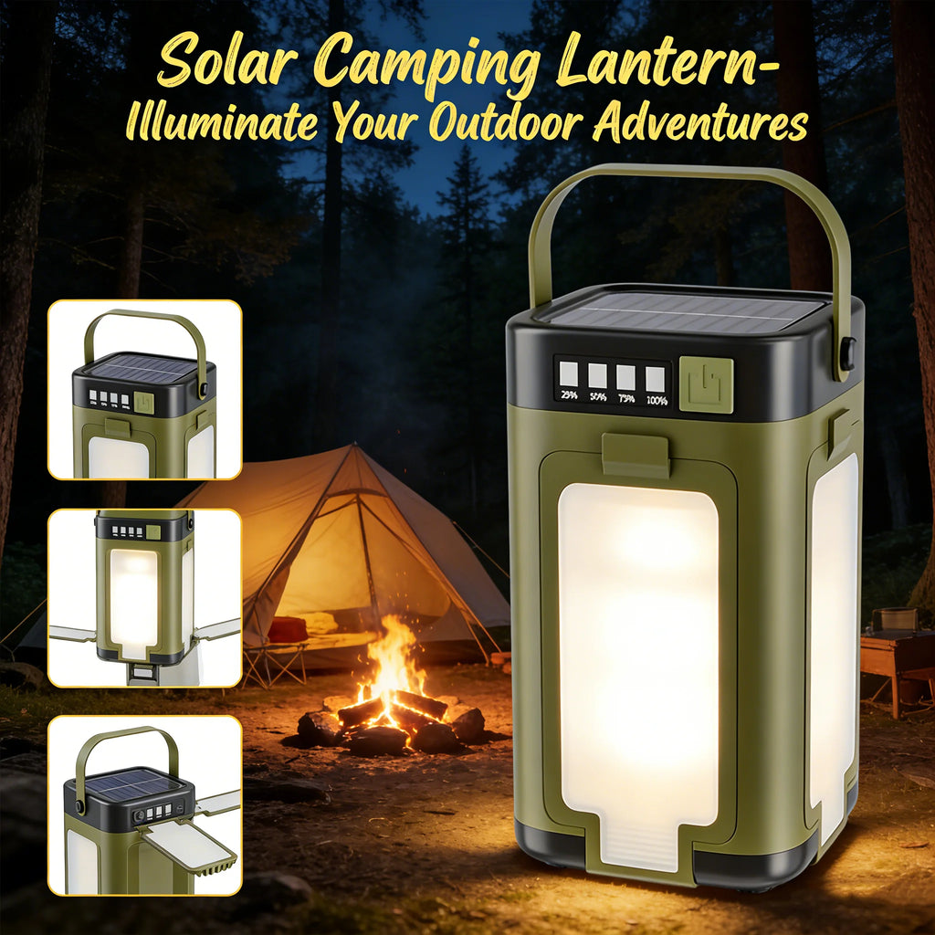 Solar Camping Light，USB/Solar Recharge Portable Lamp with 2000mAh Battery 6 Lighting Modes Outdoor Portable Hanging Tent Light